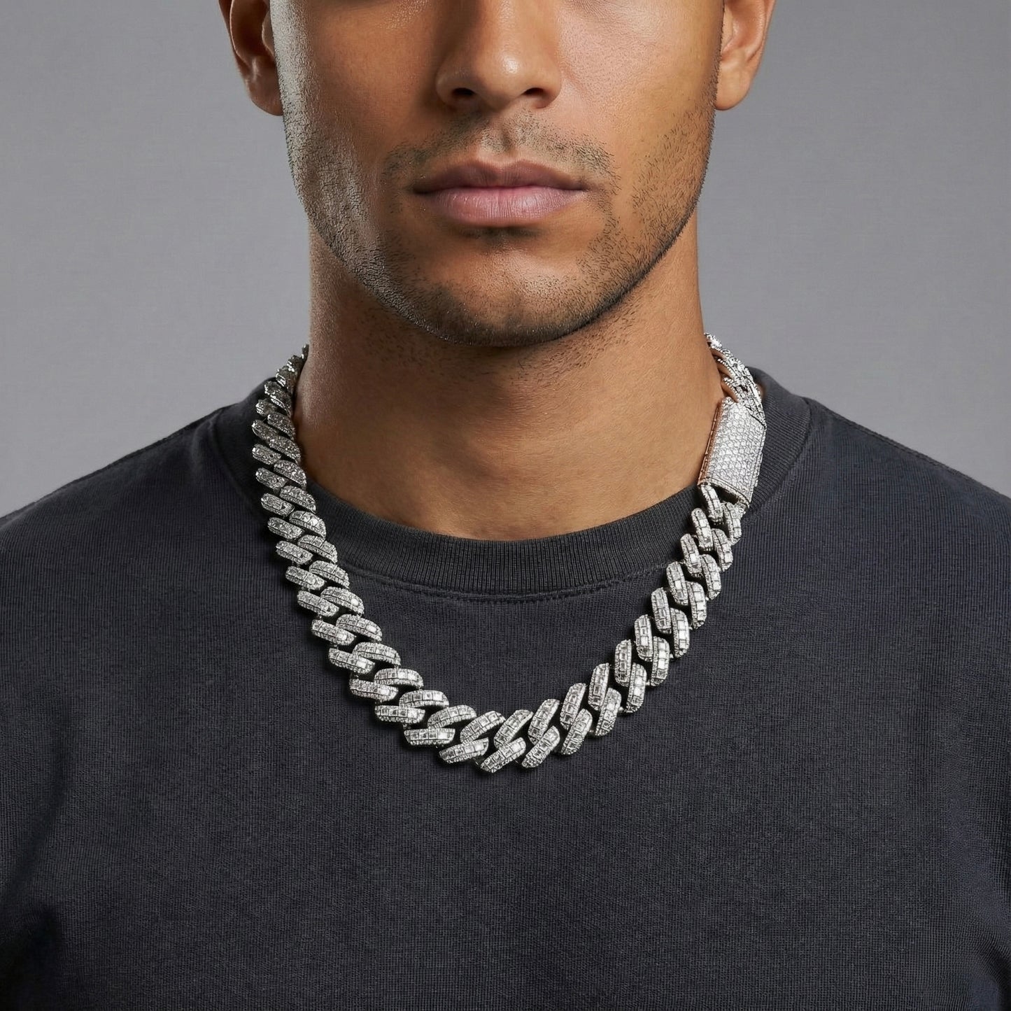 Raised Prong Baguette Cuban Link Chain