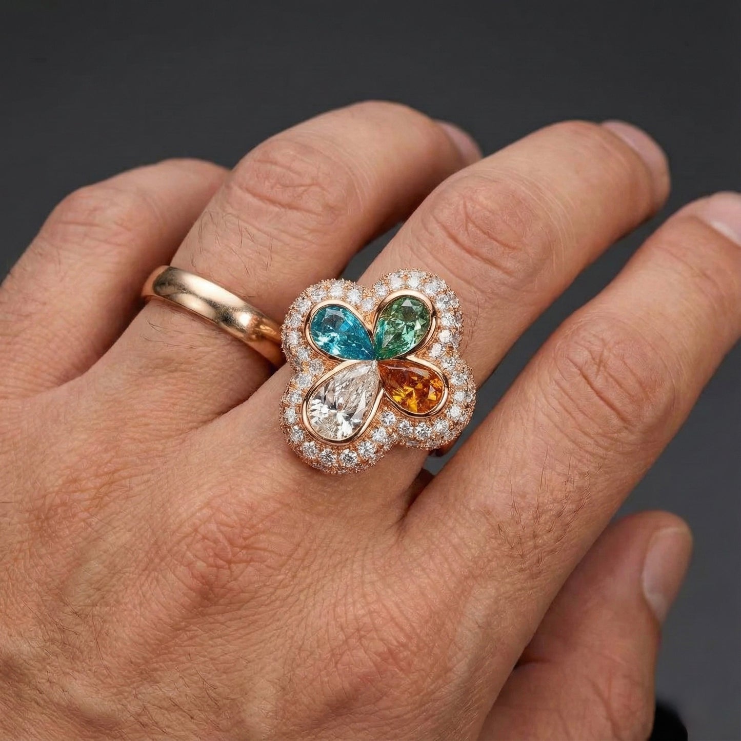 Four Leaf Clover Ring Mixed Coloured Stones