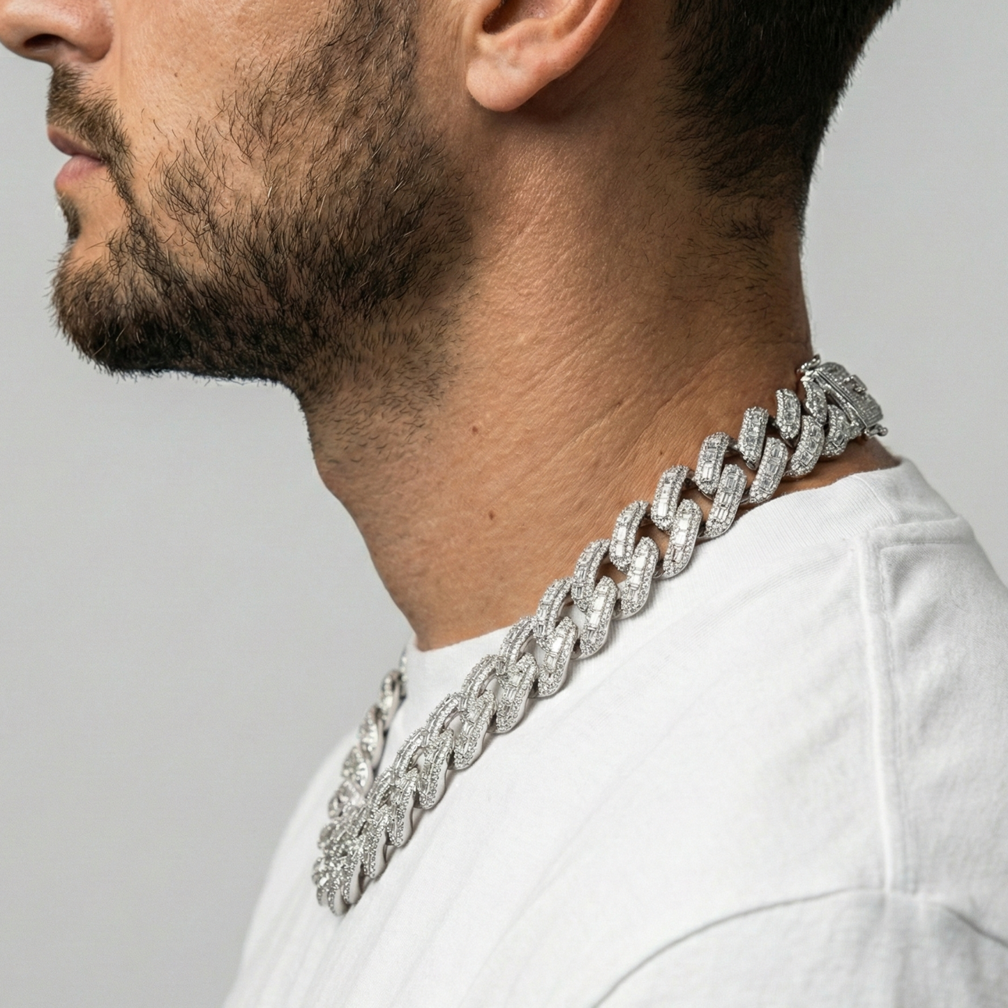 Raised Prong Baguette Cuban Link Chain