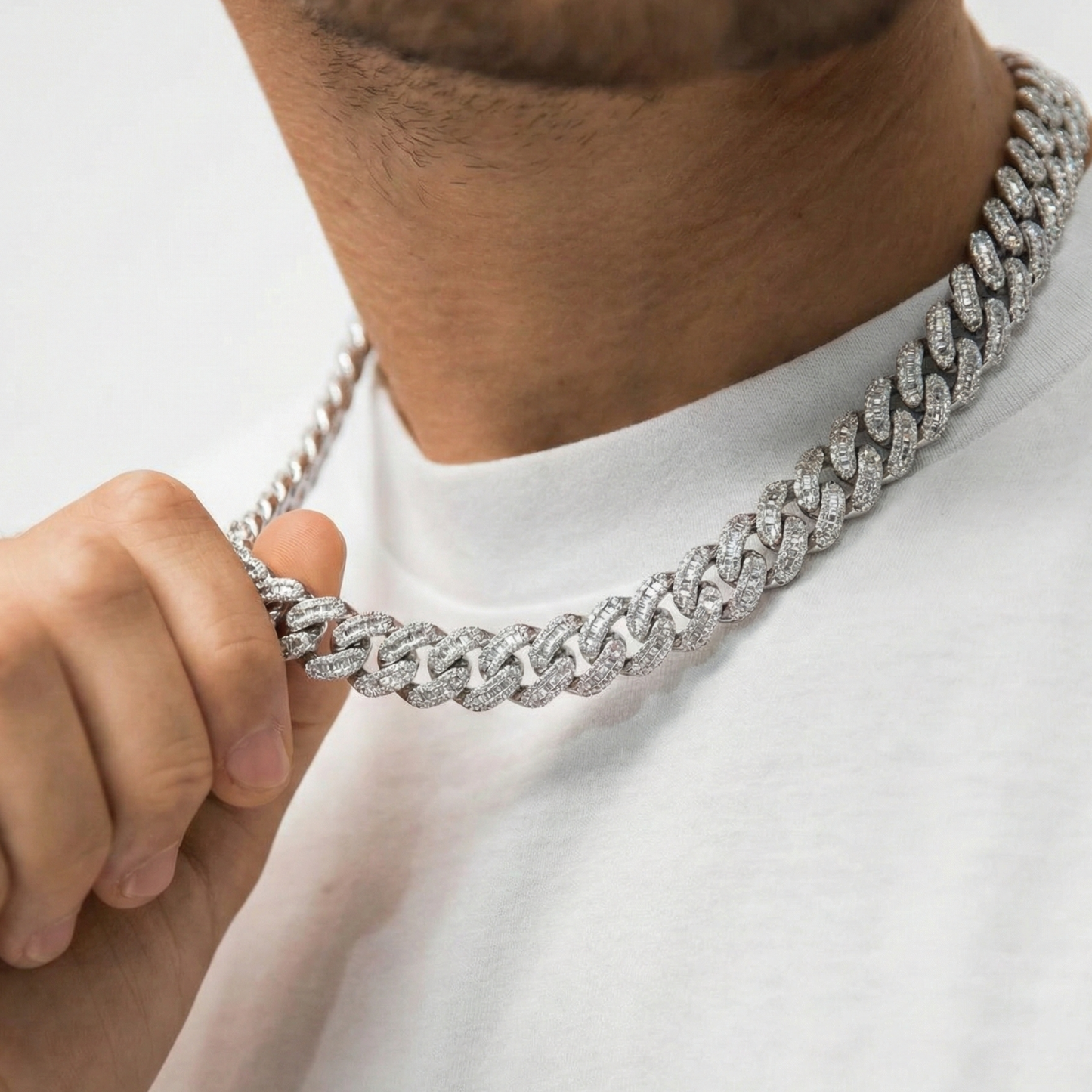 Moon Prong Cuban Link Baguette Chain